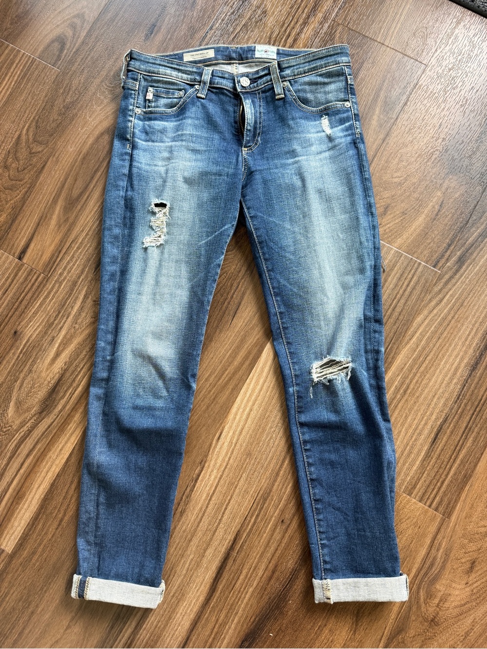AG Adriano Goldschmied Blue Distressed Stilt Cigarette Roll-Up Jeans